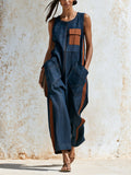 Women’s Sleeveless Denim Jumpsuit – Wide Leg Utility Romper With Contrast Pocket Details