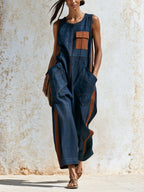 Women’s Sleeveless Denim Jumpsuit – Wide Leg Utility Romper With Contrast Pocket Details