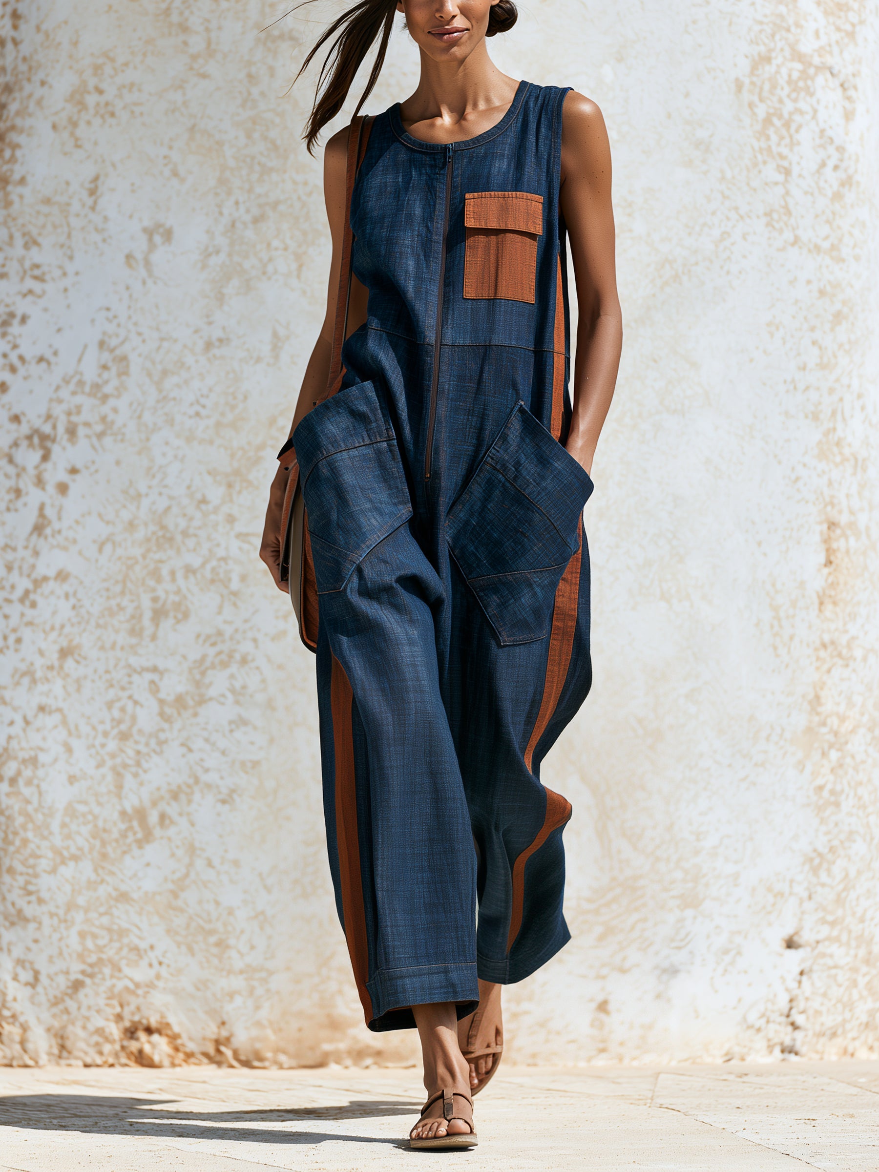 Women’s Sleeveless Denim Jumpsuit – Wide Leg Utility Romper With Contrast Pocket Details