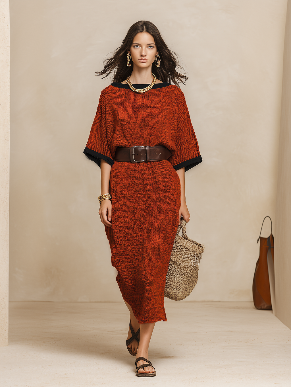 Minimalist Autumn Sweater-Knit Round-Neck Cocoon Brick Red Maxi Dress