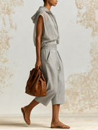 Minimalist Gray Hooded Two-Piece Set – Lightweight Zip Vest & Relaxed Bermuda Shorts Outfit For Women