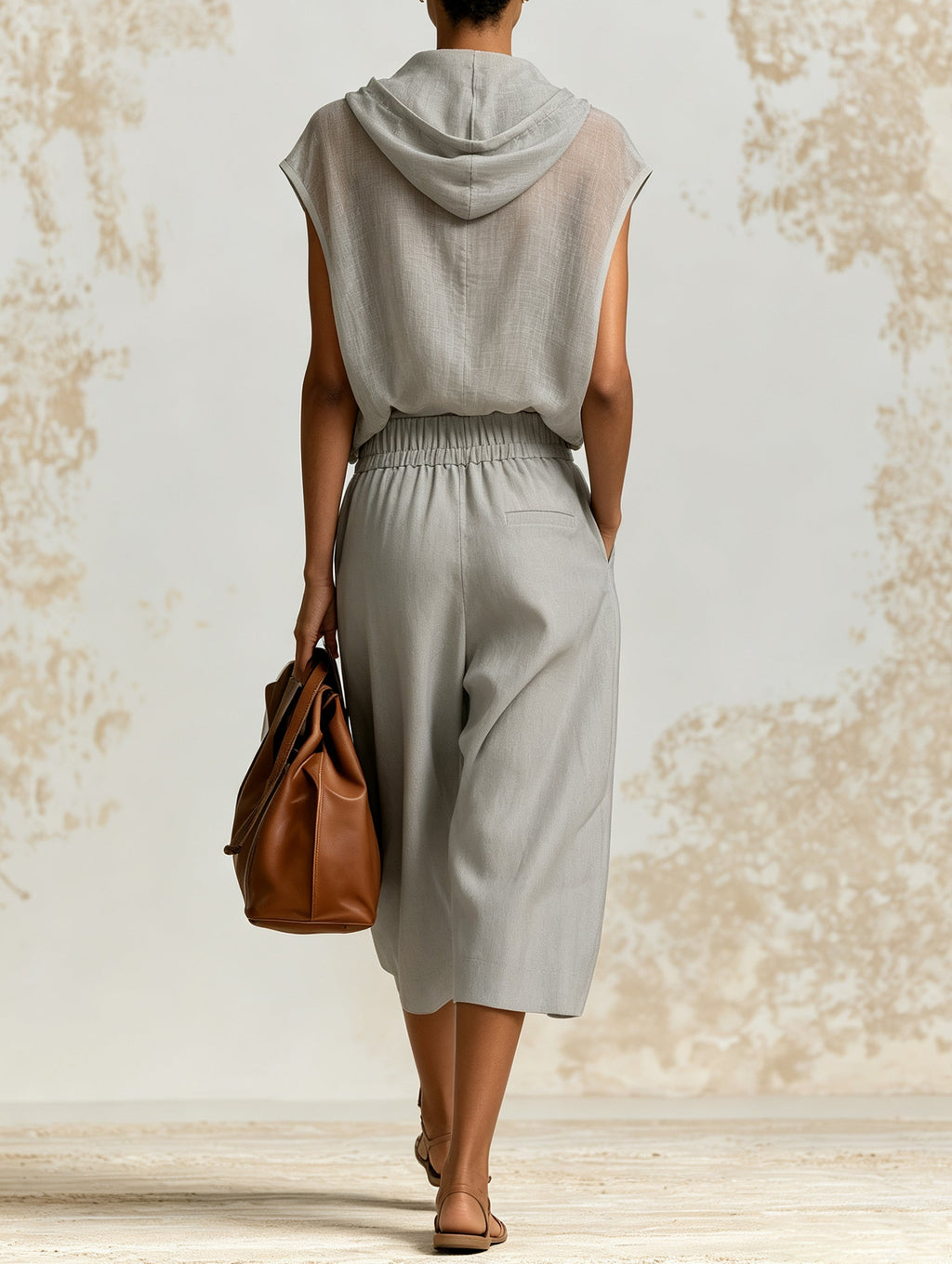 Minimalist Gray Hooded Two-Piece Set – Lightweight Zip Vest & Relaxed Bermuda Shorts Outfit For Women