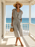 Minimalist Gray Hooded Two-Piece Set – Lightweight Zip Vest & Relaxed Bermuda Shorts Outfit For Women