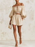 Beige Off-Shoulder Puff-Sleeve Two-Piece Set — Elegant Lace-Trimmed Cropped Top And High-Waisted Shorts Set
