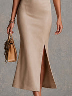 Elegant Floral Embroidery Square Cap Sleeve Front Slit Midi Bodycon Dress