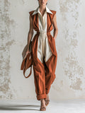 Women’s Color Block Sleeveless Jumpsuit – Elegant Collared Wide Leg Utility Romper With Cinched Waist