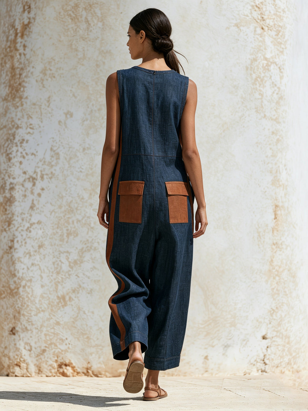 Women’s Sleeveless Denim Jumpsuit – Wide Leg Utility Romper With Contrast Pocket Details