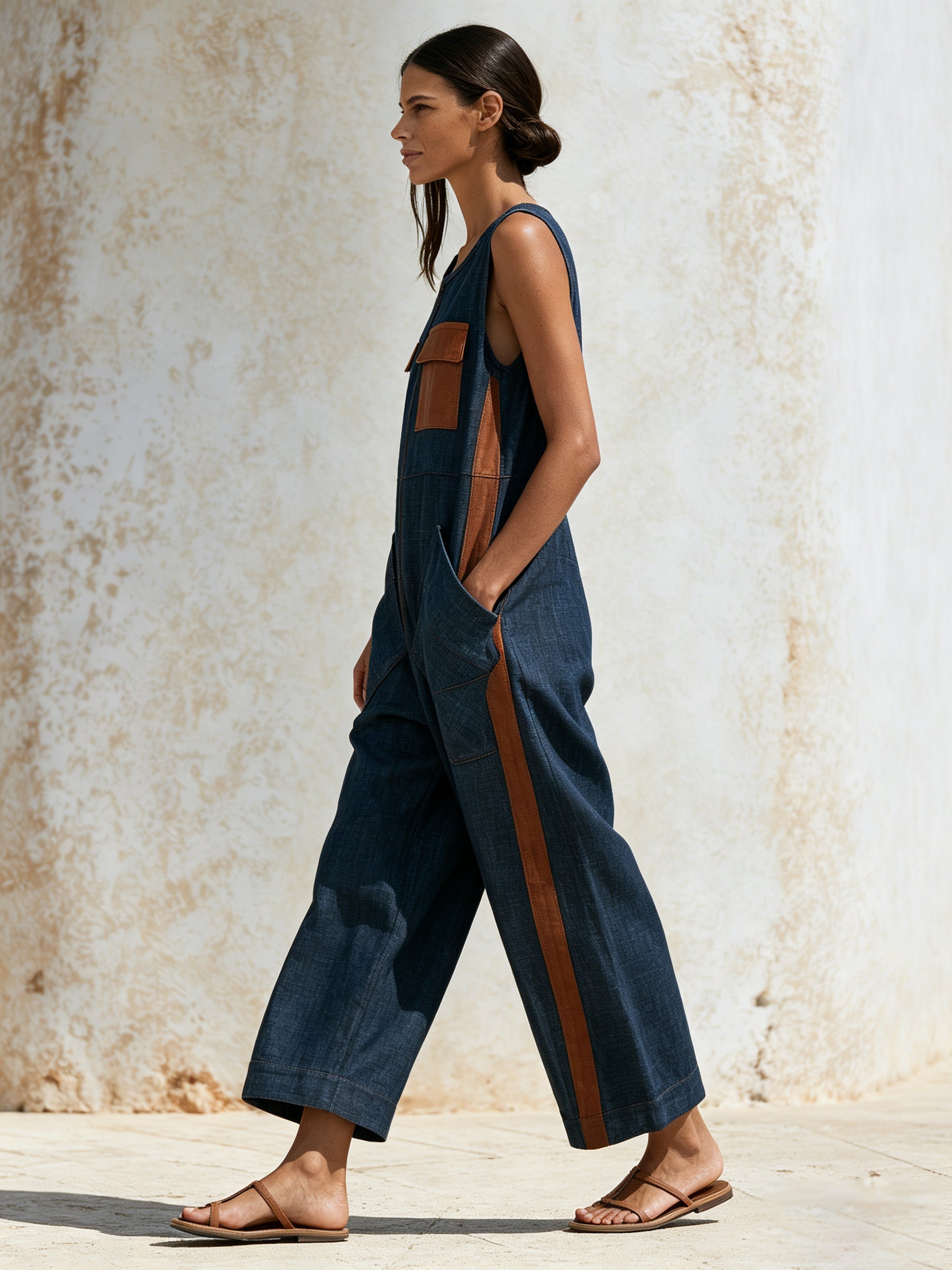 Women’s Sleeveless Denim Jumpsuit – Wide Leg Utility Romper With Contrast Pocket Details