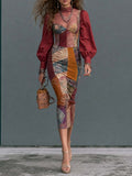 Boho Patchwork Corset Bishop Sleeve Midi Dress