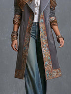 Boho Gray Paisley Trim Longline Lapel Coat