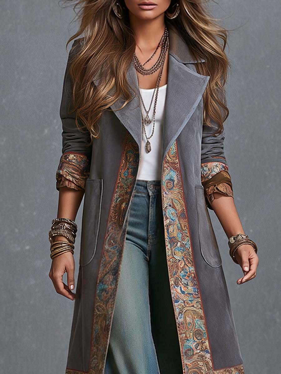 Boho Gray Paisley Trim Longline Lapel Coat