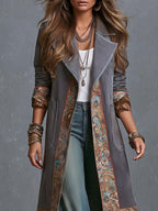 Boho Gray Paisley Trim Longline Lapel Coat