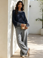 Navy Striped Knit Sweater – Elegant Long Sleeve Pullover With Ribbed Trim For Women