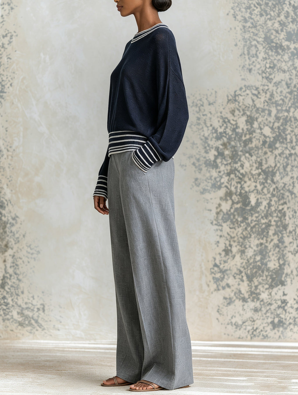 Navy Striped Knit Sweater – Elegant Long Sleeve Pullover With Ribbed Trim For Women
