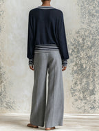 Navy Striped Knit Sweater – Elegant Long Sleeve Pullover With Ribbed Trim For Women