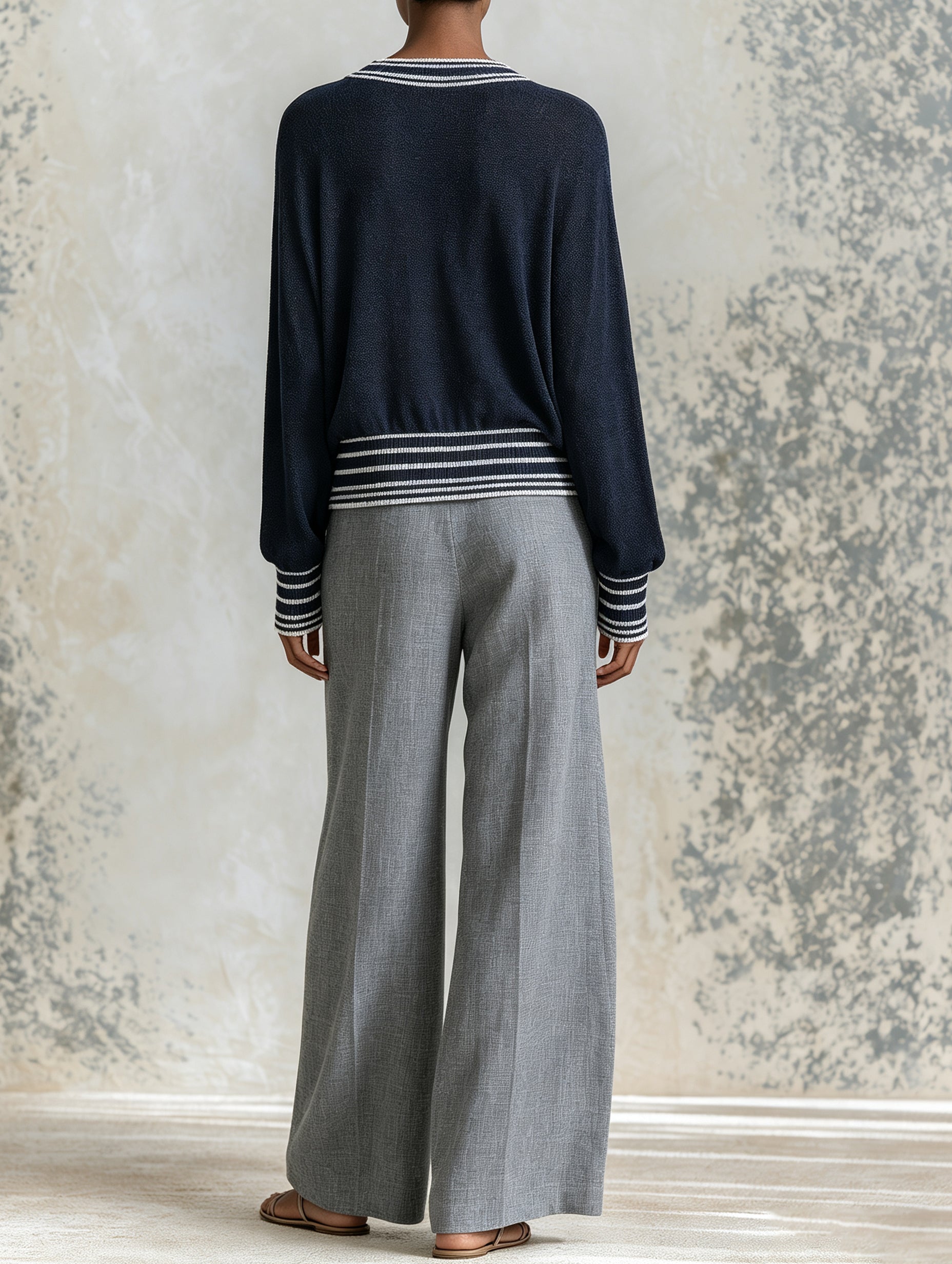 Navy Striped Knit Sweater – Elegant Long Sleeve Pullover With Ribbed Trim For Women