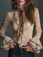 Elegant Tie-neck Lace Blouse With Ruffled Trim