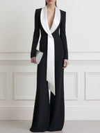 Contrast Shawl Collar Long Sleeve Wide Leg Jumpsuit