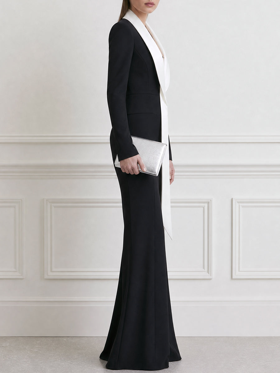 Contrast Shawl Collar Long Sleeve Wide Leg Jumpsuit