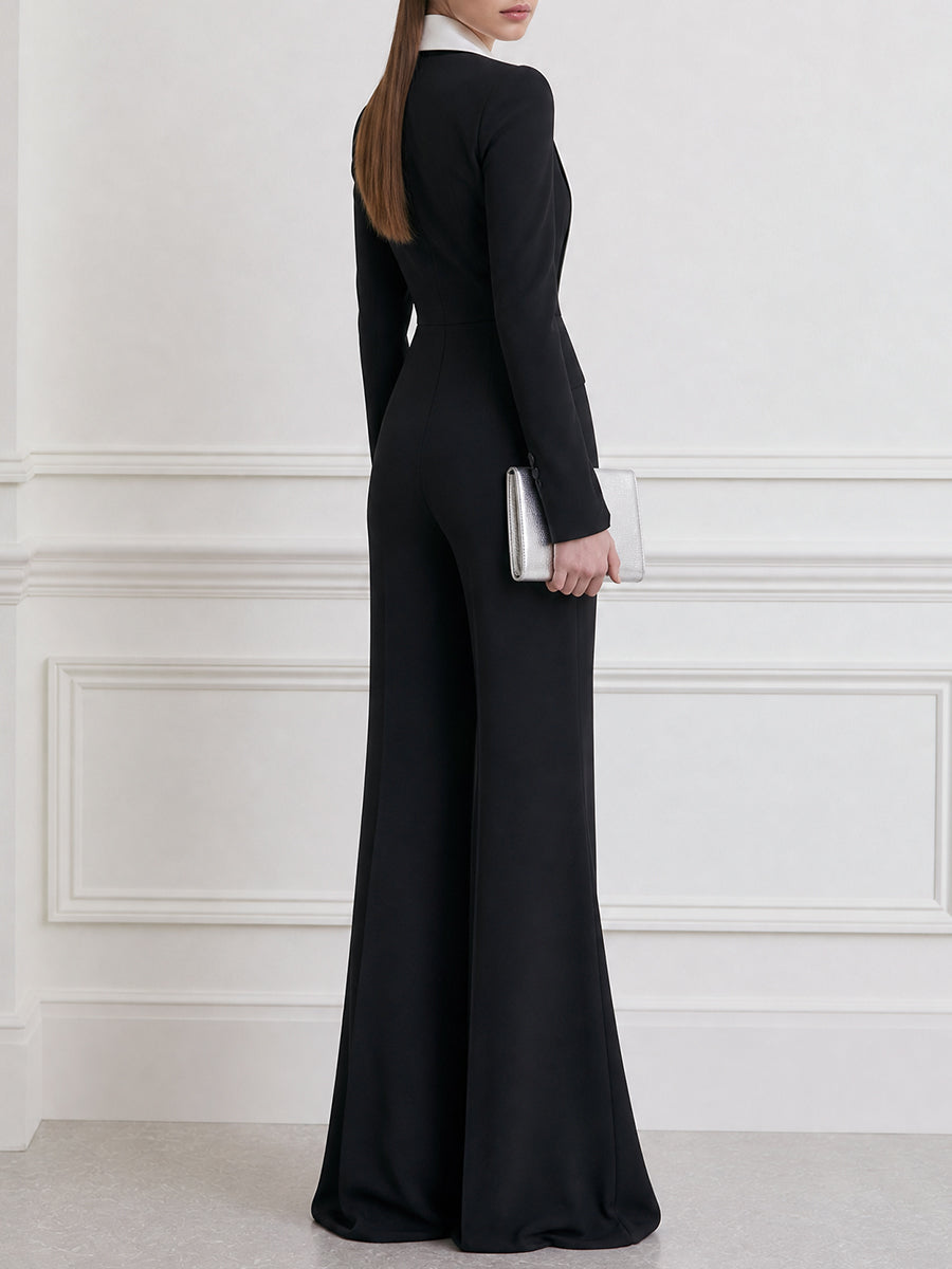 Contrast Shawl Collar Long Sleeve Wide Leg Jumpsuit