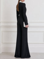 Contrast Shawl Collar Long Sleeve Wide Leg Jumpsuit