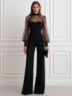 Elegant Mesh Sheer Long Sleeve High Neck Wide Leg Jumpsuit