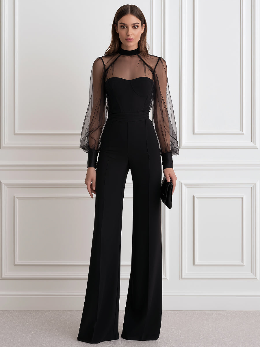Elegant Mesh Sheer Long Sleeve High Neck Wide Leg Jumpsuit