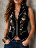 Boho Navy Velvet Floral Embroidery Zipper Waistcoat With Pockets