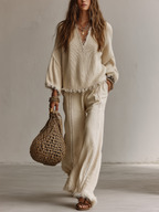Coastal Boho Fringe Knit Top & Wide Leg Pants Set