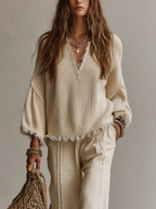 Coastal Boho Fringe Knit Top & Wide Leg Pants Set