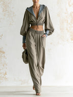 Women's Two-Piece Set – Cropped Zip-Up Hoodie And High-Waisted Wide-Leg Pants Set