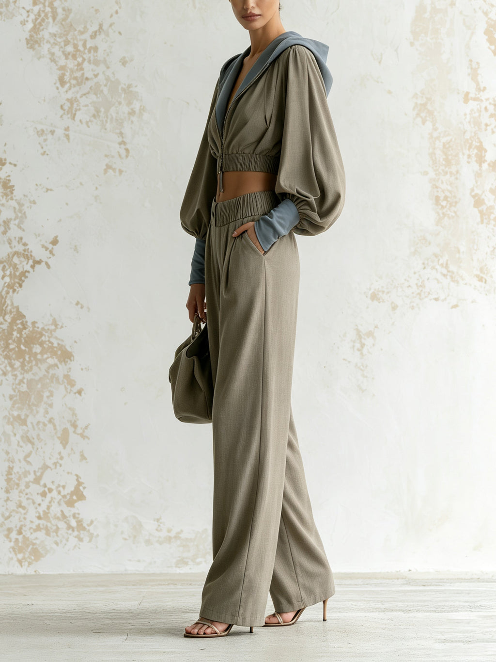 Women's Two-Piece Set – Cropped Zip-Up Hoodie And High-Waisted Wide-Leg Pants Set