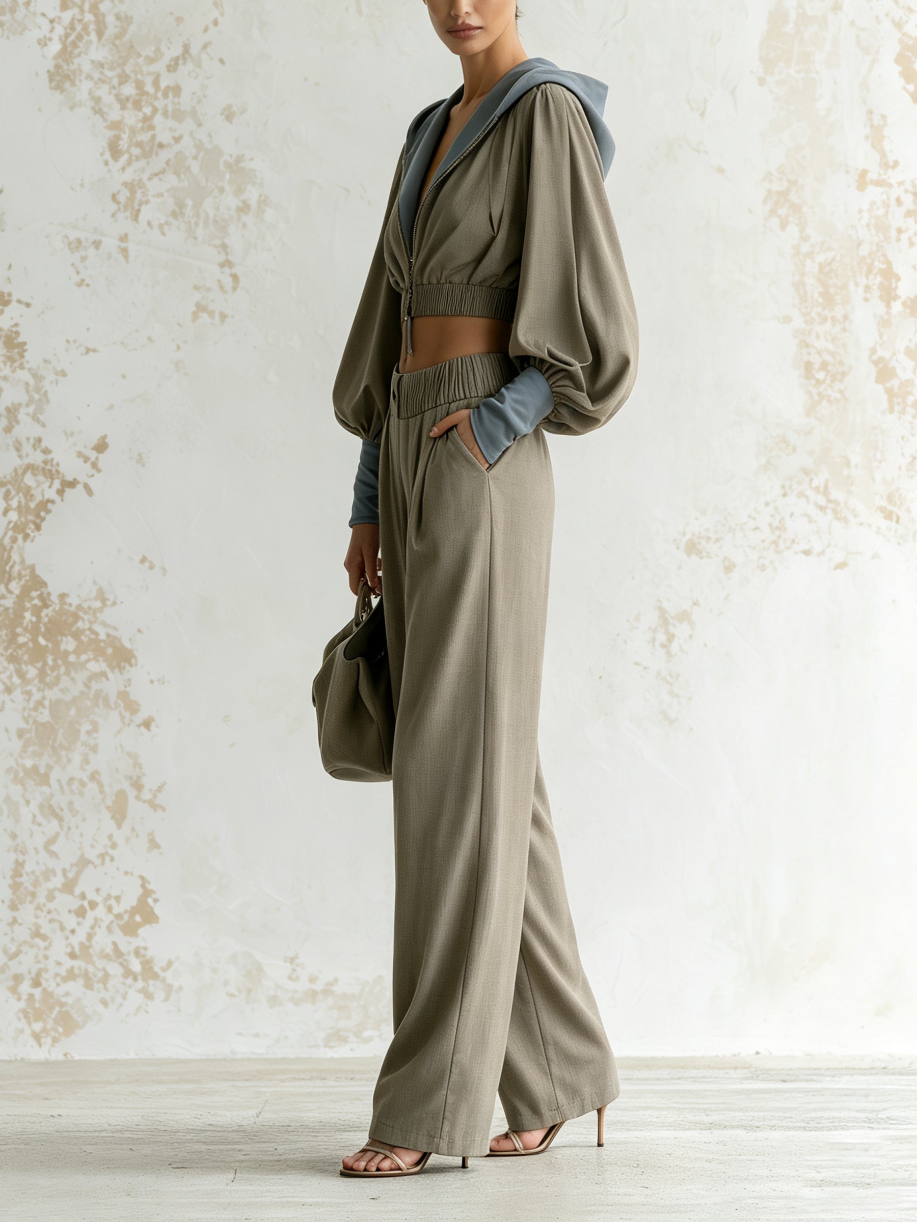 Women's Two-Piece Set – Cropped Zip-Up Hoodie And High-Waisted Wide-Leg Pants Set