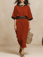 Minimalist Autumn Sweater-Knit Round-Neck Cocoon Brick Red Maxi Dress