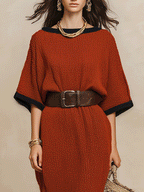 Minimalist Autumn Sweater-Knit Round-Neck Cocoon Brick Red Maxi Dress