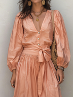 Elegant Blush Tie-Waist Linen Blend Two-Piece Set