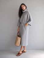 Elegant Light Gray Ribbed Turtleneck Sweater Dress