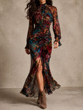 Vintage Floral Chiffon Mock Neck Ruched Slit Mermaid Maxi Dress