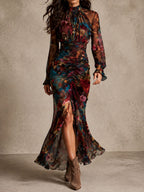 Vintage Floral Chiffon Mock Neck Ruched Slit Mermaid Maxi Dress