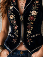 Boho Navy Velvet Floral Embroidery Zipper Waistcoat With Pockets