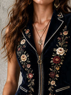 Boho Navy Velvet Floral Embroidery Zipper Waistcoat With Pockets