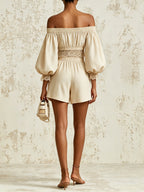 Beige Off-Shoulder Puff-Sleeve Two-Piece Set — Elegant Lace-Trimmed Cropped Top And High-Waisted Shorts Set