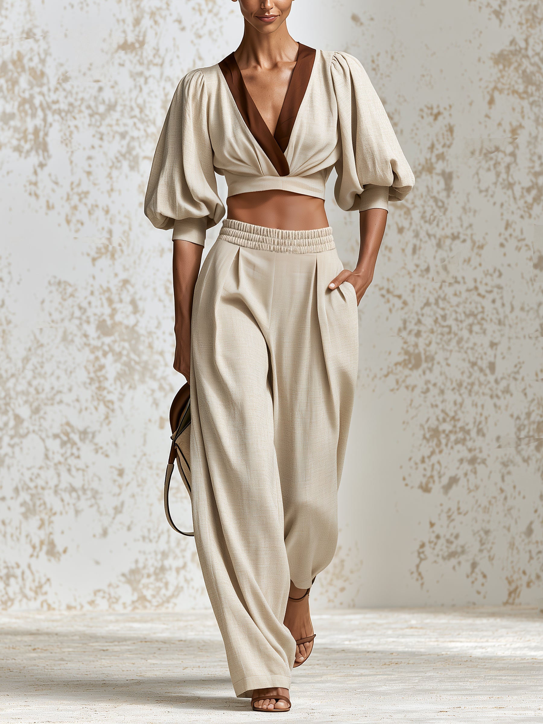 Elegant Beige Two-Piece Trouser Set For Women — V-Neck Puff-Sleeve Cropped Top And High-Waisted Wide-Leg Trousers