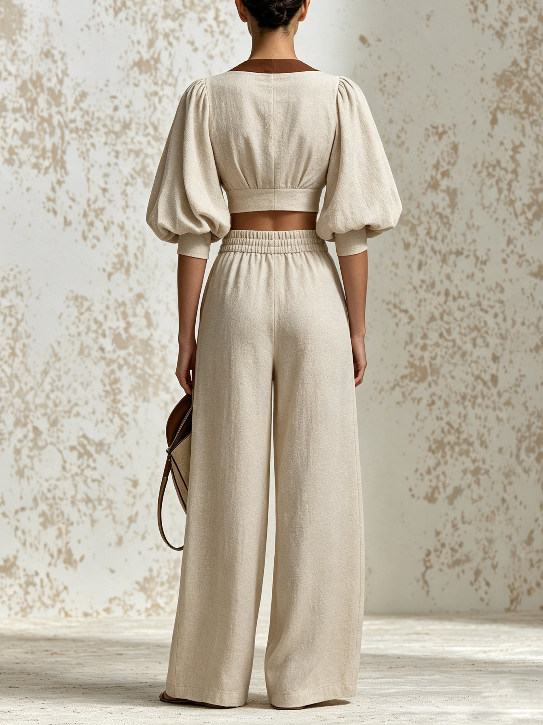 Elegant Beige Two-Piece Trouser Set For Women — V-Neck Puff-Sleeve Cropped Top And High-Waisted Wide-Leg Trousers