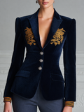 Navy Velvet Embroidered Peak Lapel Blazer