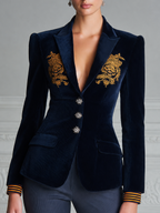 Navy Velvet Embroidered Peak Lapel Blazer
