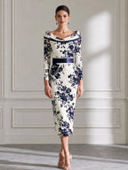 Elegant Navy Floral Printed Satin Sheath Midi Dress