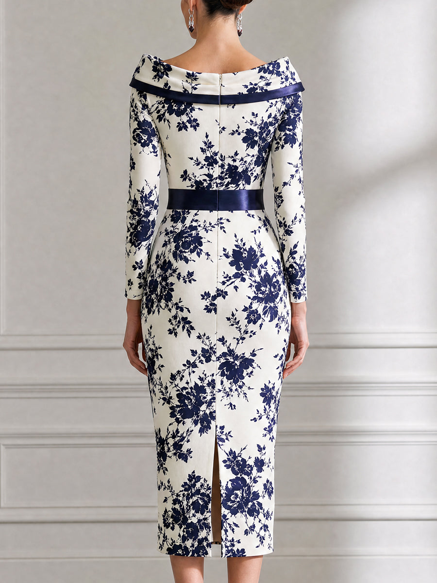 Elegant Navy Floral Printed Satin Sheath Midi Dress