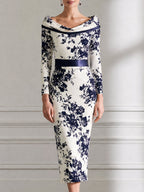 Elegant Navy Floral Printed Satin Sheath Midi Dress