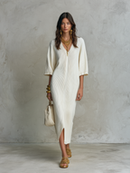 Ribbed Knit V-Neck With Batwing Sleeves Midi Dress